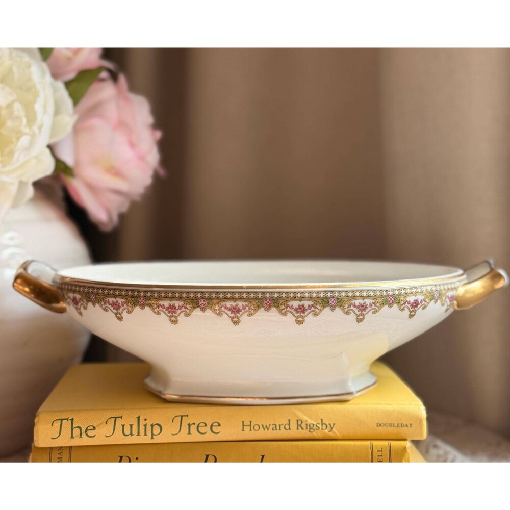 Antique T&V Limoges Serving Bowl: Lille Pattern Pink Roses, Gilt Handles